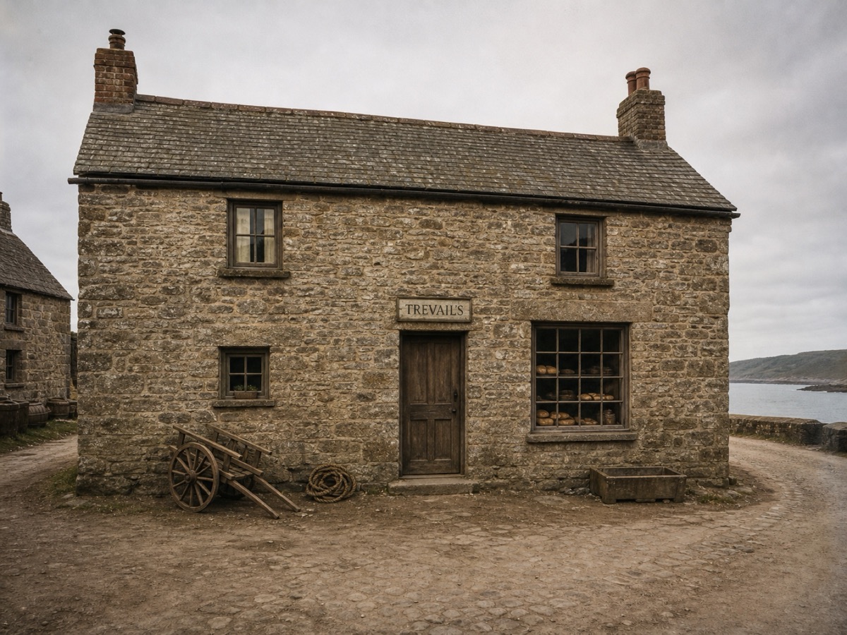 The Trevail's Bakehouse shopfront in 1891 — weathered stone, a wooden door, a hand-painted sign