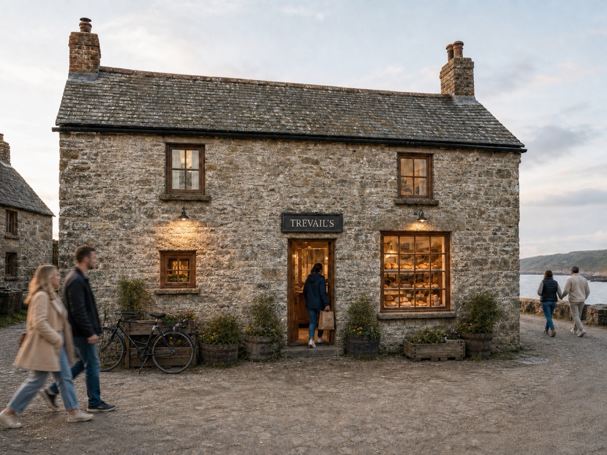 The same Trevail's Bakehouse shopfront today — barely changed, same door, same sign