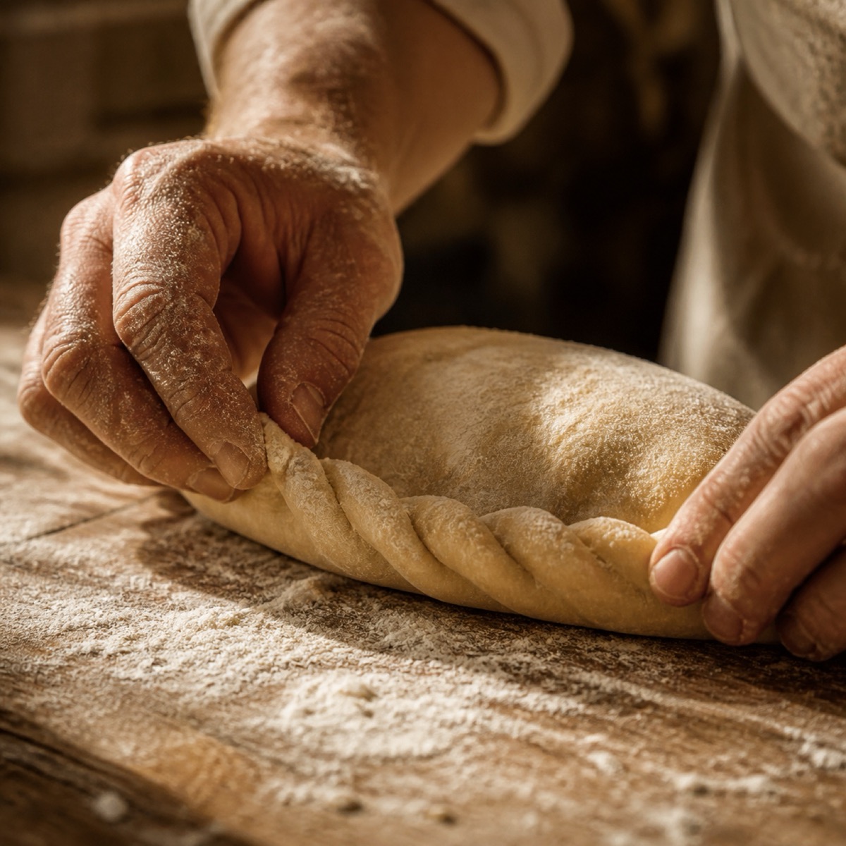 Close-up of hands crimping a pasty edge, nineteen folds, flour dust in warm light