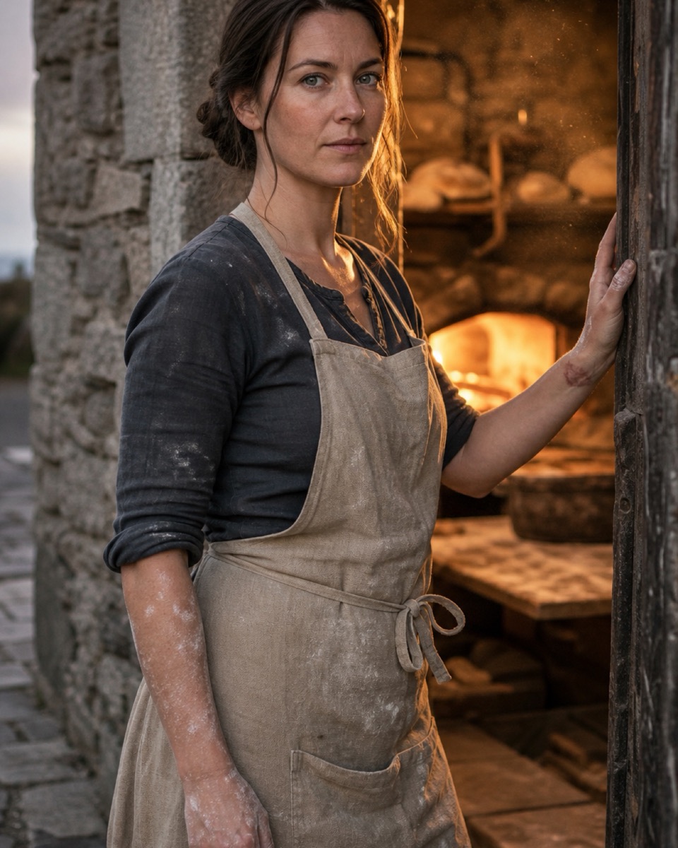 Elowen Trevail standing in the bakehouse doorway at dawn, flour on her hands, warm light behind her