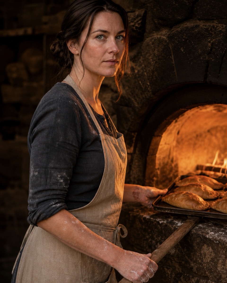 Elowen Trevail at the wood-fired oven today, tending a tray of pasties, warm glow