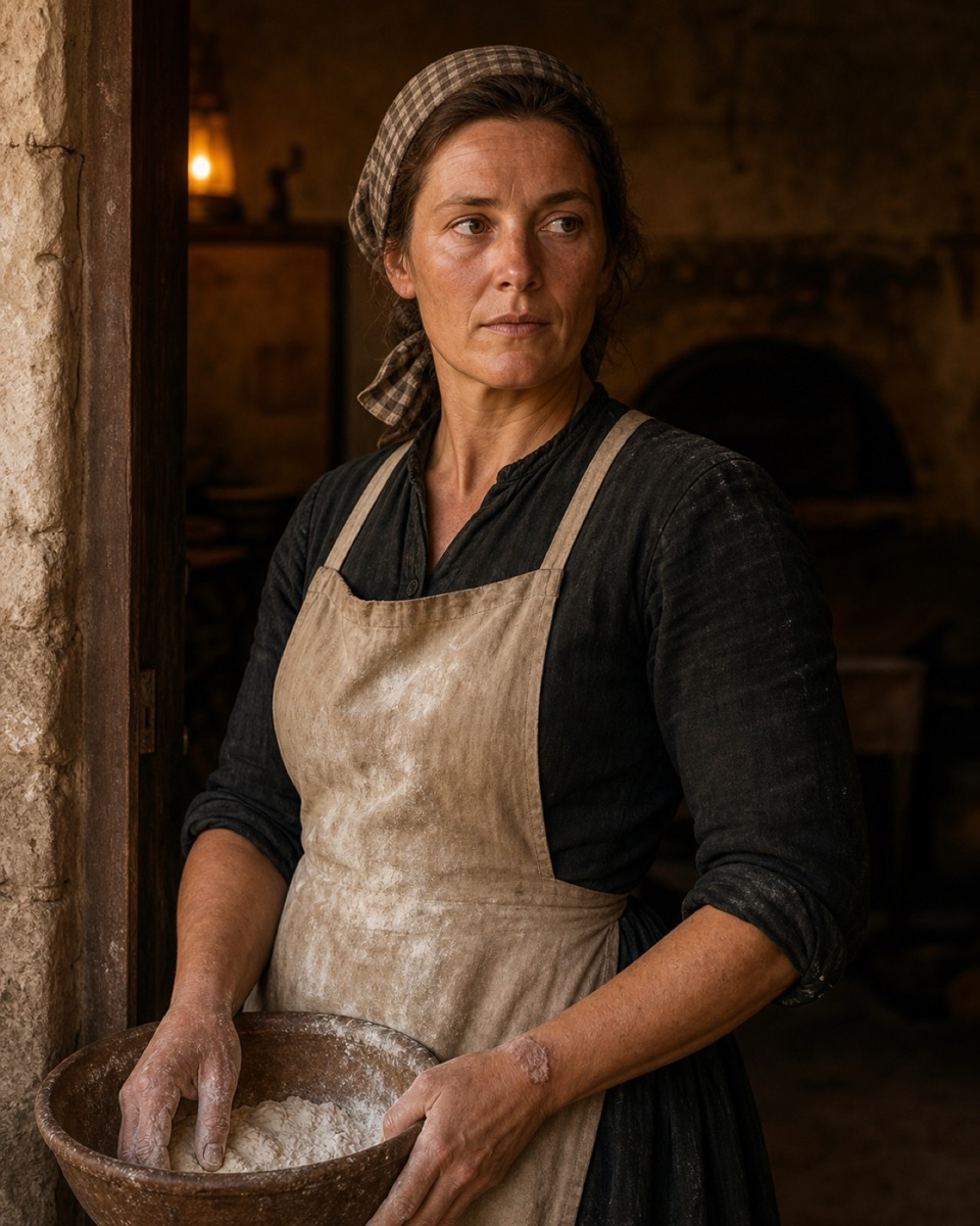 Portrait of Jenna Trevail, founder, in 1891, flour-dusted apron, resolute expression