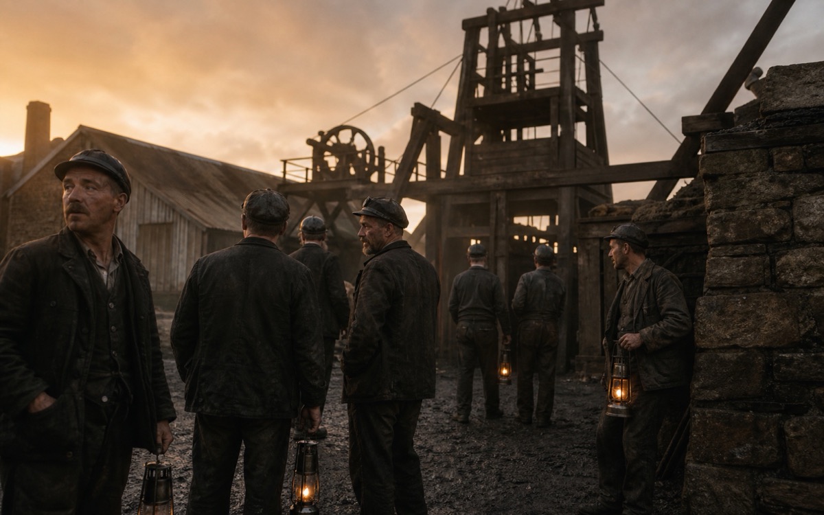 Cornish tin miners gathered at the Wheal Endon shaft head at dawn, 1891, lanterns lit