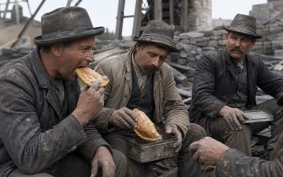 Cornish tin miners on a midday break, 1891, eating pasties held by the crimped edge, one lifting one from a tin lunch box