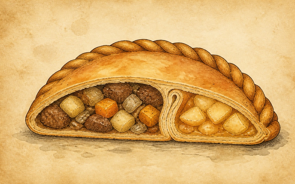 Illustrated cutaway diagram of a Cornish pasty, labelled: the crimp, the savoury end, the sweet end, and the crust